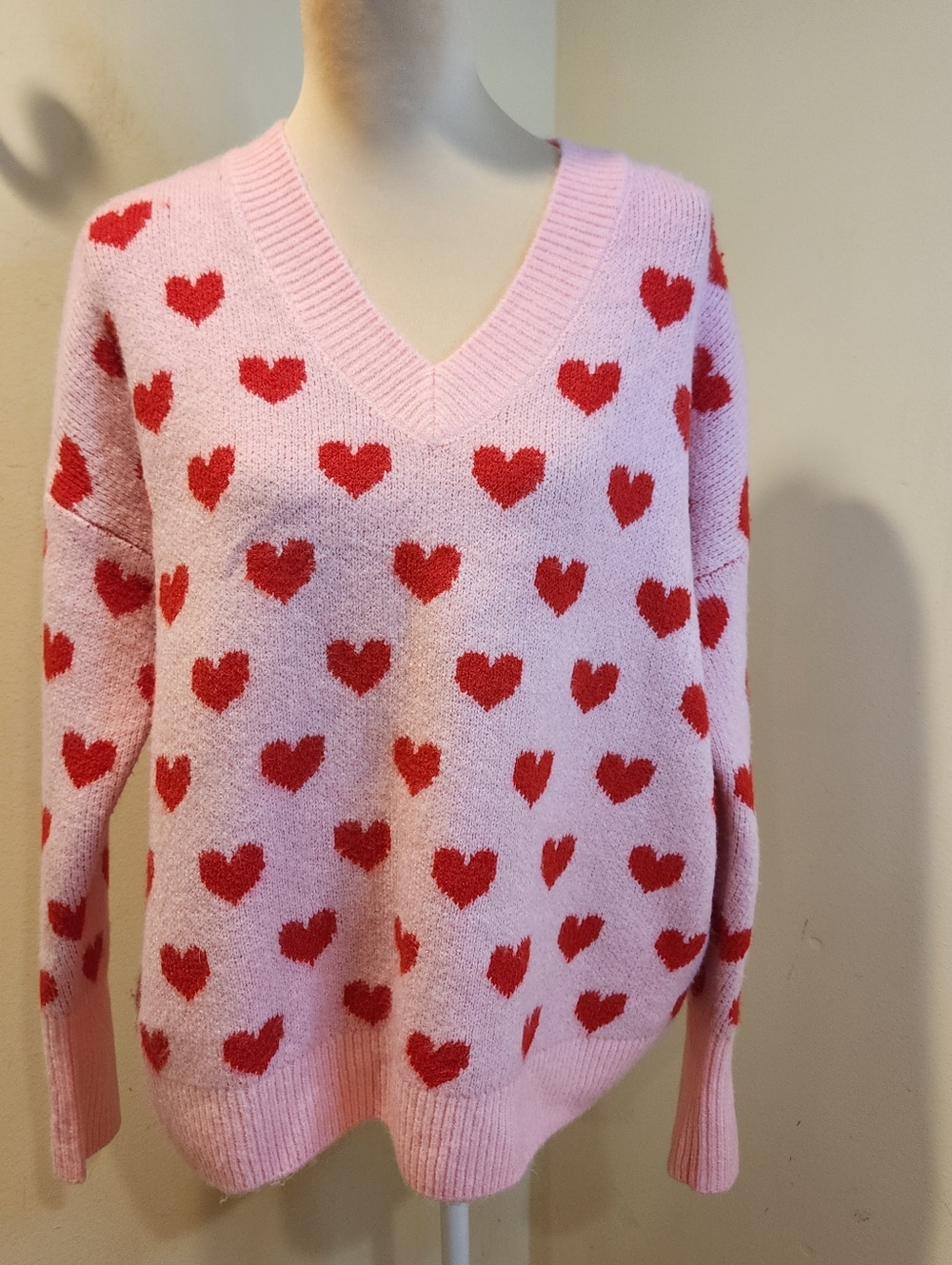 Cece Pink Heart Pattern V-Neck Women's Sweater Over Size S